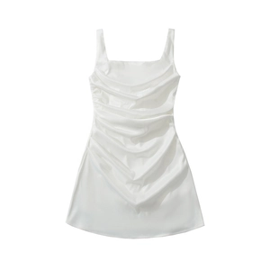 Detail view of white satin mini dress with ruched front and fishbone corset lacing style