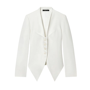 Elegant slim fit white blazer with deep V-neckline and asymmetrical geometric hem design