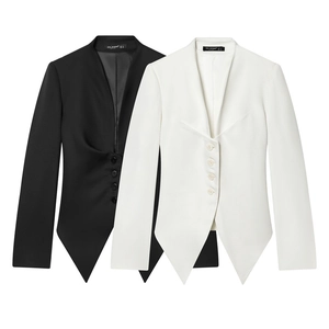 Slim fit long sleeve blazer for women with asymmetric hem in black and white