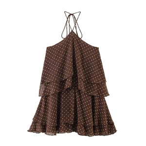 Sexy Polka Dot Halter Dress For Women Tiered Ruffle Backless Chiffon Style Sleeveless Midi Dress Elegant Summer Party Outfit