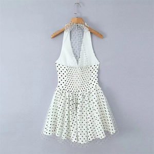 Polka dot halter neck mesh dress with ruffled smocked waist and elegant tie-neck detail