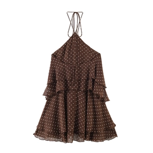 Brown halter neck tiered dress with white polka dots and stylish ruffled layers