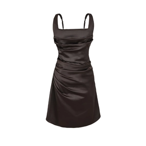 Chocolate brown satin bodycon mini dress with ruched detail and adjustable straps