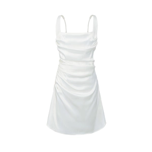 Elegant pearl white satin mini dress with spaghetti straps and ruched bodycon details