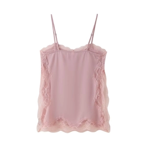 Detail of pink satin camisole with delicate lace trim and adjustable shoulder straps