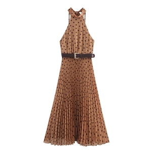 Vintage Brown Polka Dot Pleated Midi Dress For Women Sexy Halter Neck Sleeveless A-Line Chiffon Dress With Belt