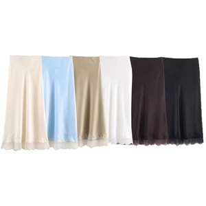 Women Elegant Satin Midi Skirt Lace Trim High Waist Straight Skirt Solid Color Streetwear Party Fashion Bottoms Apparel