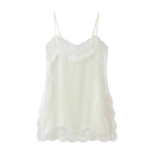 Elegant white camisole top with floral lace trim and delicate spaghetti straps