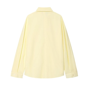 Rear view of light yellow long sleeve cotton poplin shirt with polo collar and button cuffs