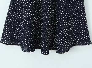 Detailed macro view of navy blue polka dot fabric with high-quality hemmed edges