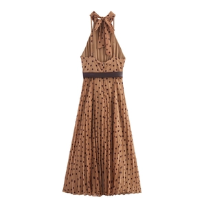 Brown polka dot halter dress with back bow and pleated skirt with thin leather belt