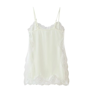 Detail of elegant ivory satin camisole with floral lace trim and adjustable straps