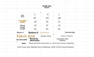 Guide des tailles pour pull en tricot avec mesures S, M, L en tissu 100% polyester