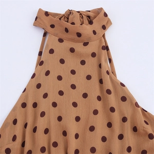 Polka dot halter neck dress in caramel brown chiffon with sleeveless design for women