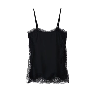 Detailed view of black lace camisole featuring satin fabric and adjustable silver buckles