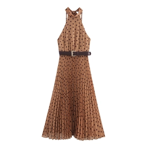 Polka dot sleeveless halter pleated dress in brown with a matching waist belt