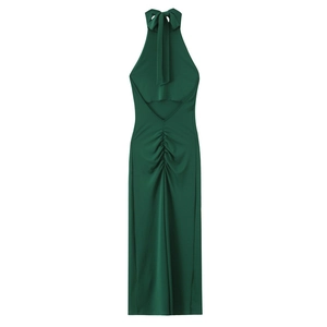 Robe midi dos nu vert foncé avec un grand nœud et des détails drapés au dos