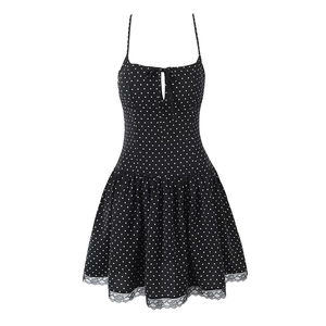 Women Sexy Polka Dot Lace Bow Mini Dress Backless Spaghetti Strap Slim Fit Summer Party Dress Vintage Splicing Dress