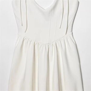 Elegant white slim fit V-neck strap dress with structured bodice and pleated waist details