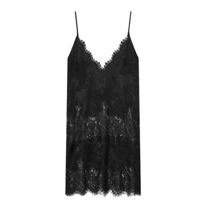 Women Sexy Black Satin Mini Slip Dress Floral Lace Patchwork V Neck Backless Spaghetti Strap Street Party Clubwear