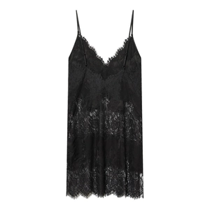 Elegant black satin slip dress with deep V-neck and intricate lace detailing