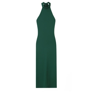 Robe midi dos nu vert foncé avec coupe ajustée et détail de nœud à l'arrière du cou