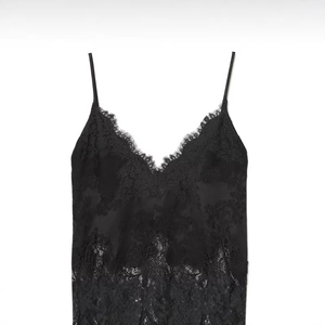Elegant black lace camisole with deep V-neckline and sheer floral detailing for women