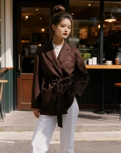 Detail of a dark brown suede blazer jacket with waist belt and notch lapels in urban street view