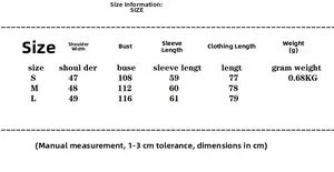 Detailed size chart for women's trench coat with measurements for S, M, and L in cm