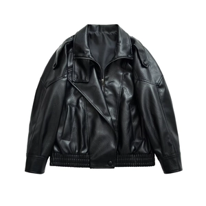 Women Fashion Faux Leather Jacket Stand Collar Zipper Casual Cargo Style Long Sleeve PU Biker Outerwear Winter Coat