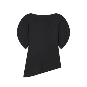 Detail view of black off-shoulder top with puff sleeves and asymmetric hem design