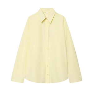 Pale yellow long sleeve button-down poplin shirt with sharp collar in loose fit