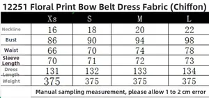 Detailed size chart for floral print chiffon dress with waist tie and measurements