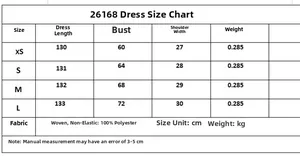 Size chart for woven polyester long dress with length and bust measurements in cm