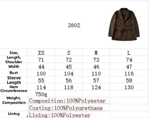 Detailed size chart for faux suede blazer with belt, including chest and length measurements