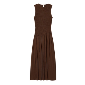 Women Sexy Smocked Maxi Dress Sleeveless Round Neck Keyhole Back Asymmetrical Waist Solid Color Flowy Long Party Dress