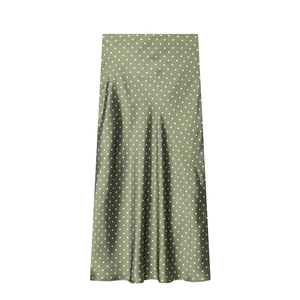 Eleganter Midirock aus Salbeigrünem Satin mit weißen Punkten im französischen Vintage-Stil