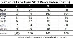 Guide des tailles de jupe-culotte en satin avec mesures taille, hanches et longueur
