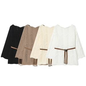 Pull Femme Tricoté Ajouré Motif de Vagues Avec Ceinture à Pompons Manches Longues Col Bateau Crochet Couleur Unie Ample