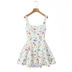 Detailed close-up of floral print and fabric texture on white summer sundress