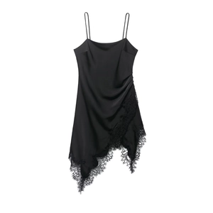 Elegant black satin slip dress with lace hem and asymmetric cut on white background