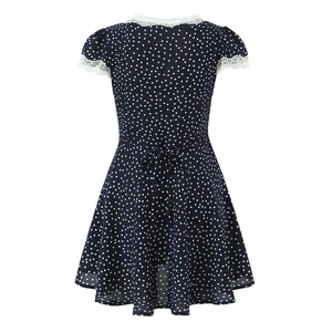 Navy blue polka dot A-line dress with white lace V-neck and short sleeves