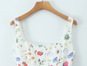Detailed view of floral print sleeveless dress featuring square neckline and wide straps