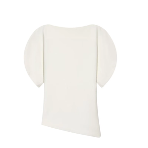 Women's chic white puff sleeve blouse with asymmetrical hem and elegant boat neck design