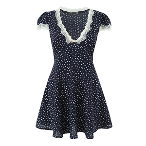 Women Vintage Polka Dot V Neck Mini Dress White Lace Trim Bow Navy Blue Short Sleeve A Line Casual Sweet Summer Party Dress