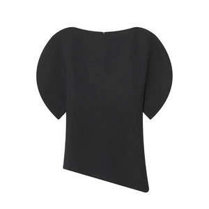 Minimalist black puff sleeve top with asymmetrical hem and structured crew neck design