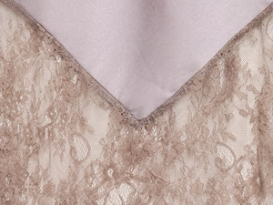 Detailaufnahme von mauvefarbenem Stoff und grauer Wimpernspitze mit Blumenmuster