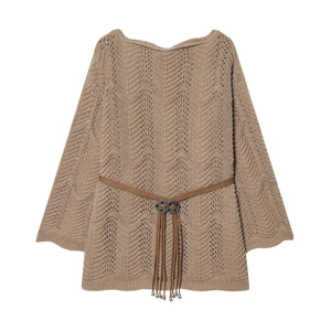 Gilet en maille camel pour femme avec ceinture élégante et motif crocheté rétro vague