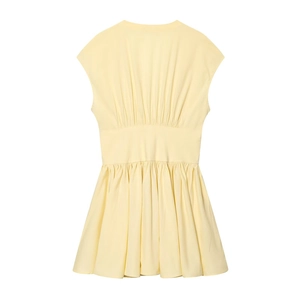 Sleeveless pale yellow poplin mini dress with pleated skirt and cinched waist detailing