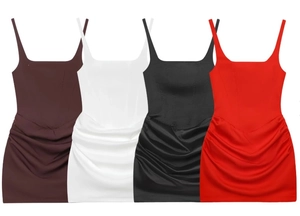 Detailweergave van mouwloze mini-jurk met vierkante hals en rimpeling in vier klassieke kleuren